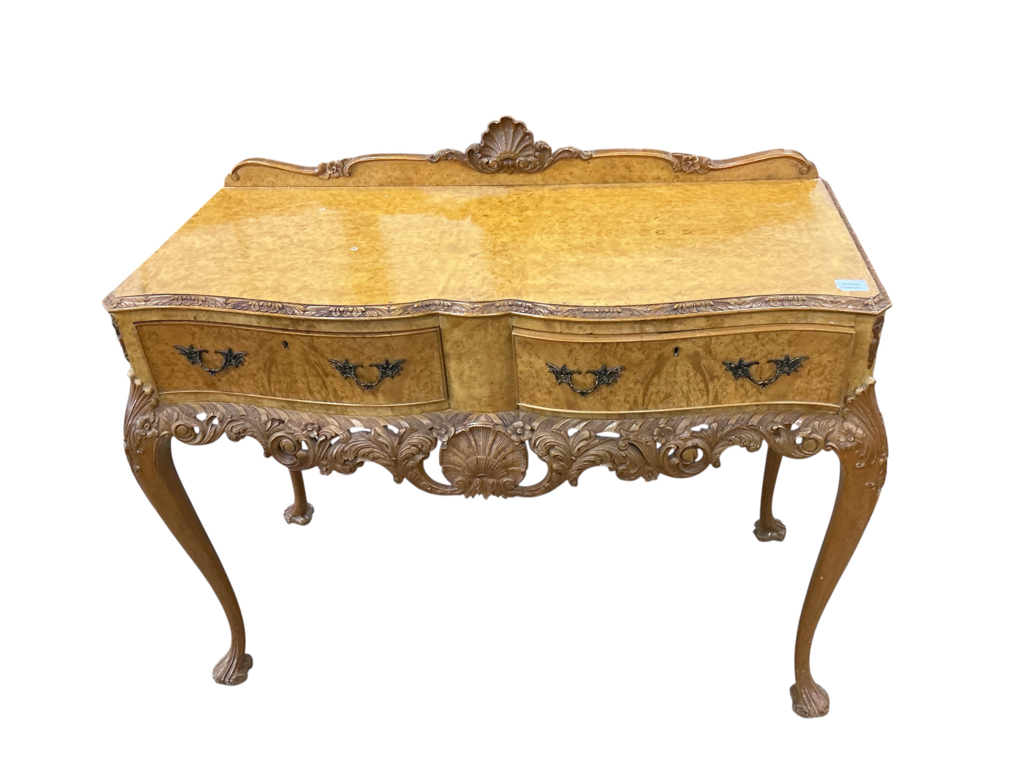 A Queen Anne Revival walnut two drawer serving table, width 120cm, depth 50cm, height 87cm